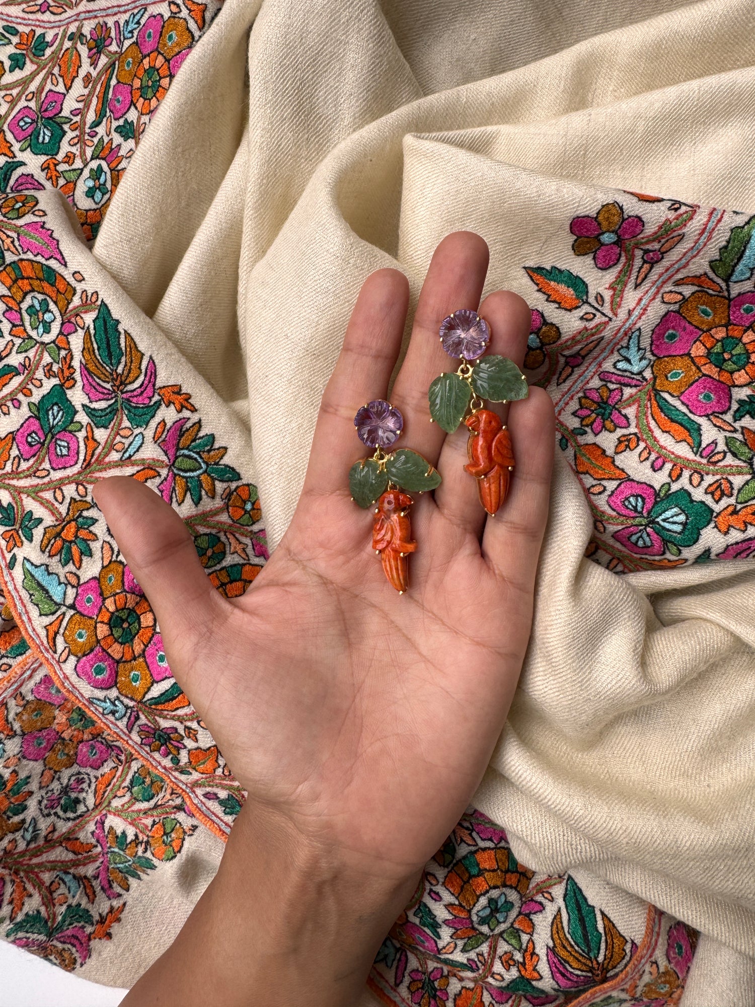 Coral Bird & Floral Earrings