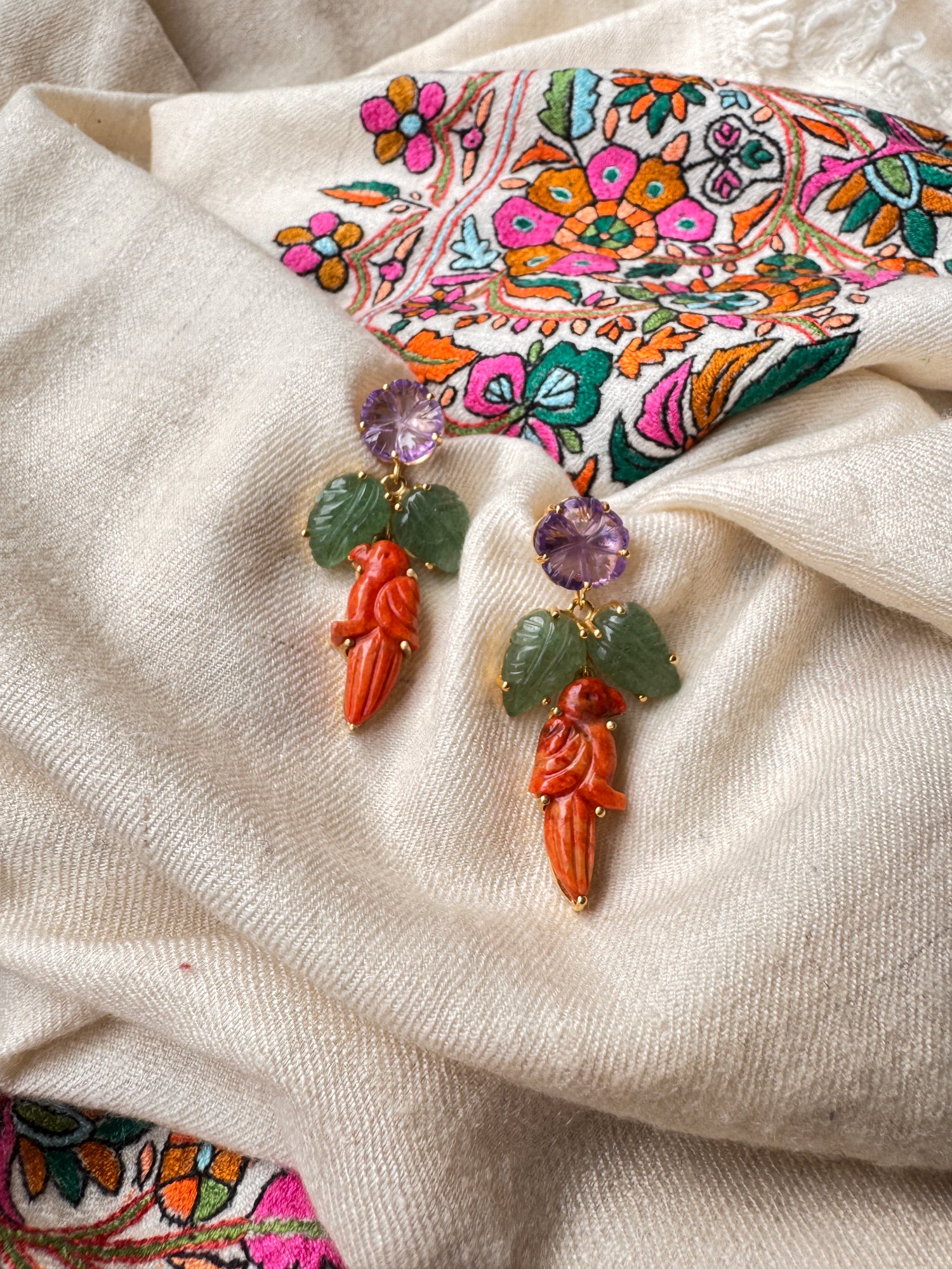 Coral Bird & Floral Earrings