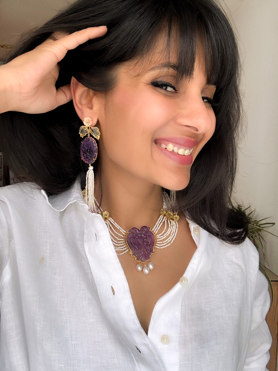 Floral Carved Amethyst Danglers //01